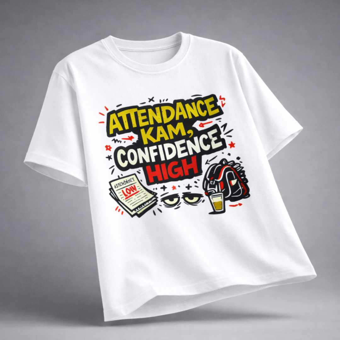 Attendance Kam, Confidence High – Premium Cotton Graphic T-Shirt | Desi Atrangi