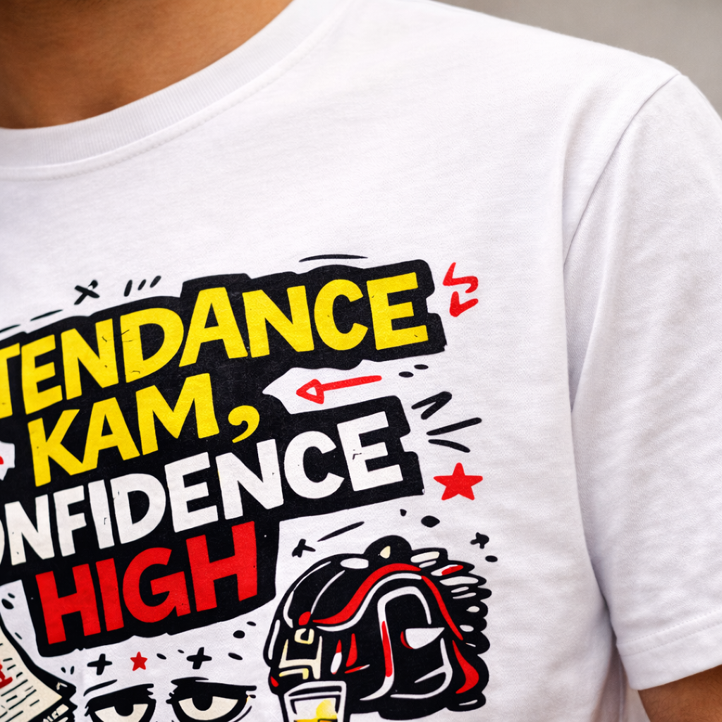 Attendance Kam, Confidence High – Premium Cotton Graphic T-Shirt | Desi Atrangi