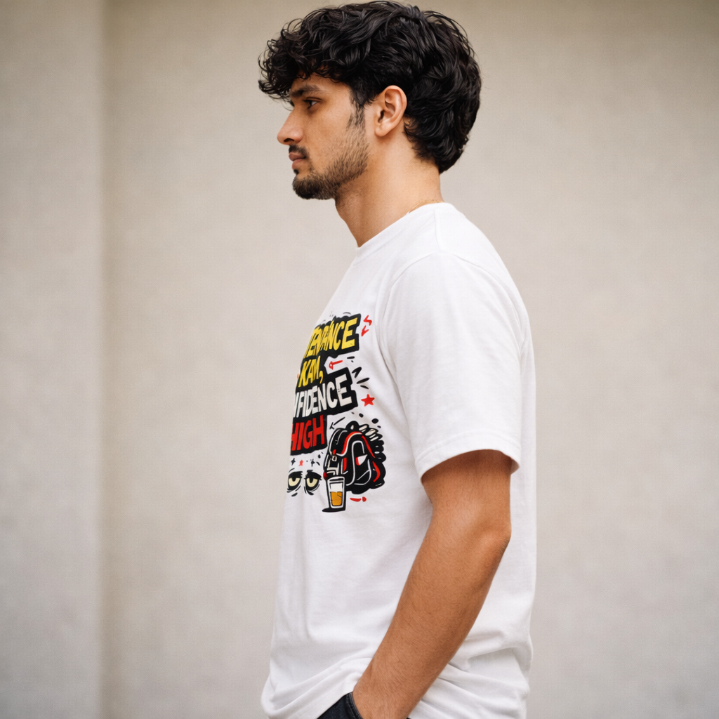 Attendance Kam, Confidence High – Premium Cotton Graphic T-Shirt | Desi Atrangi