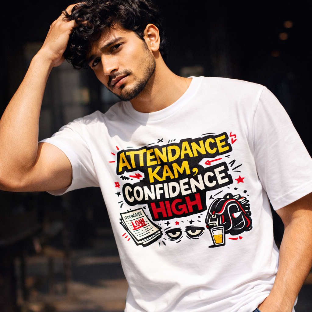 Attendance Kam, Confidence High – Premium Cotton Graphic T-Shirt | Desi Atrangi